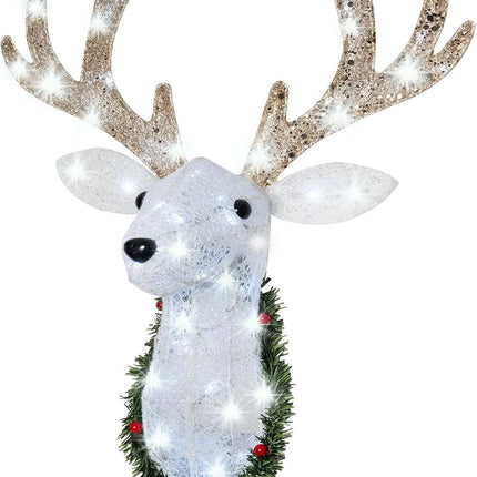 Christmas Wall Decor Reindeer Head with Clear 60 Count Lights，3D Rudolph Hanging Wreath with Battery Operated, 8 Modes & Timer, Light Up for Xmas Holiday Christmas Décor