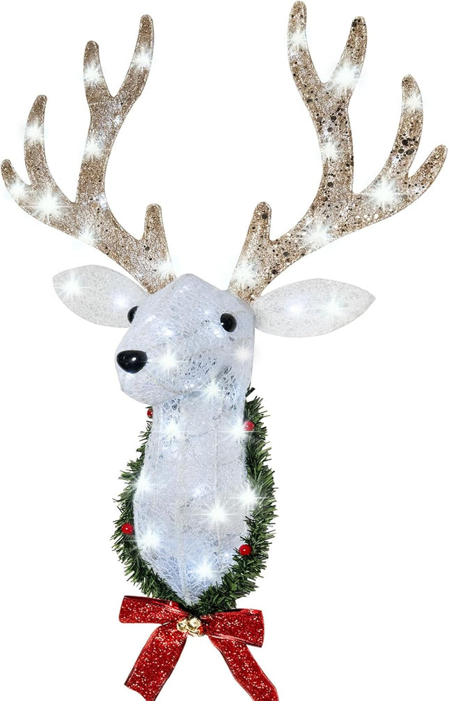 Christmas Wall Decor Reindeer Head with Clear 60 Count Lights，3D Rudolph Hanging Wreath with Battery Operated, 8 Modes & Timer, Light Up for Xmas Holiday Christmas Décor