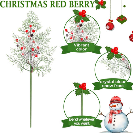 Yinder 12 Pcs Christmas Berries Red Stems 17 Inch Snowy Artificial Frosted Holly Red Berries Cedar Picks Stems Pine Picks Greenery Twig for Garland Wreath DIY Crafts Xmas Winter Holiday Decor