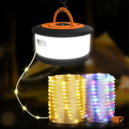 Camping String Lights,2 in 1 d 32.8FT Rechargeable Tent Lights String with 19 Lighting Modes,Quick Storage Camping Lights，Portable LED Lamp for Bedroom Yard Decor Christmas Camping Essentials