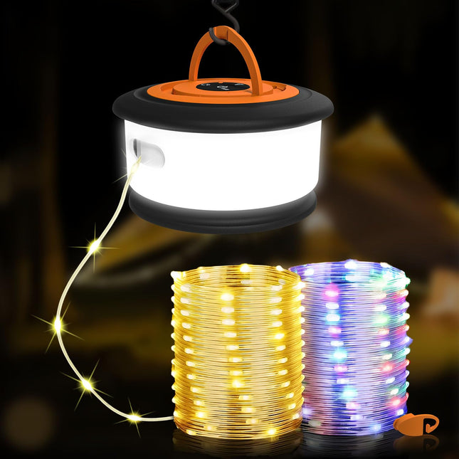 Camping String Lights,2 in 1 d 32.8FT Rechargeable Tent Lights String with 19 Lighting Modes,Quick Storage Camping Lights，Portable LED Lamp for Bedroom Yard Decor Christmas Camping Essentials