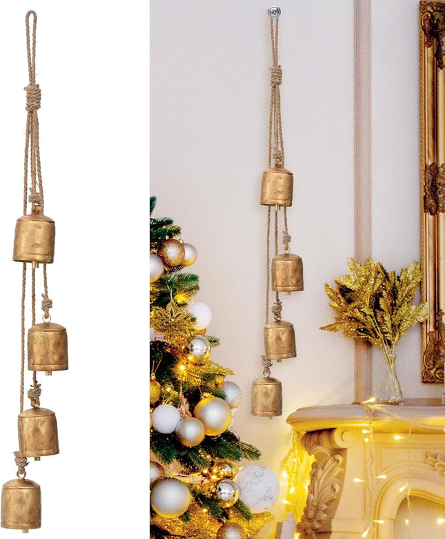Vintage Gold Bells for Christmas Decorations: Large Christmas Bells with Jute Hanging Rope - Rustic Decorative Bells Metal Cow Bells Hanging Bells for Christmas Wreath Garland Tree Party Staircase