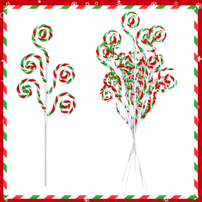 Gerrii 16 Inch Red White Green Christmas Tree Picks Decoration Candy Cane Woolen Bells Curly Pick Lollipop Large for Xmas Tree Topper Decor Vase Filler Craft Wreath Holiday Party Ornament (12 Pcs)
