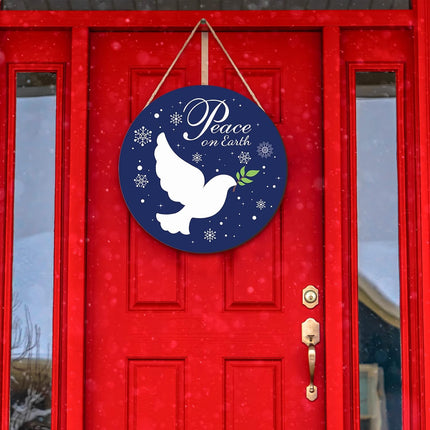 Gerrii Blue Christmas Decorations Christmas Hanging Wooden Sign Peace on Earth Door Sign Round Snow Christmas Wreath for Front Door Funny Winter Wreath Sign for Front Door Rustic Xmas Wood Sign