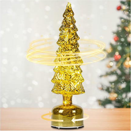 Mercury Glass Christmas Tree Decor, Rotating Glass Christmas Trees for Tabletop, Christmas Centerpiece for Tables Display Party Indoor Home Decor, Battery Operated Table Lamp with Timer (Green)