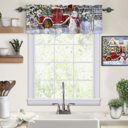 Christmas Snowman Valances Windows Curtain Red Truck with Xmas Tree Kitchen Valances Rod Pocket Snowy Winter Short Topper Curtains for Winter Holiday Christmas Decorations 1 Panel,54 by 18 inches