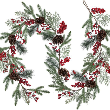 Artificial Christmas Pine Garland with Spruce Cypress Pinecones Red Berry Garland Winter Greenery Garland for Holiday Season Mantel Fireplace Table Runner Centerpiece Decoration 6.6 feet