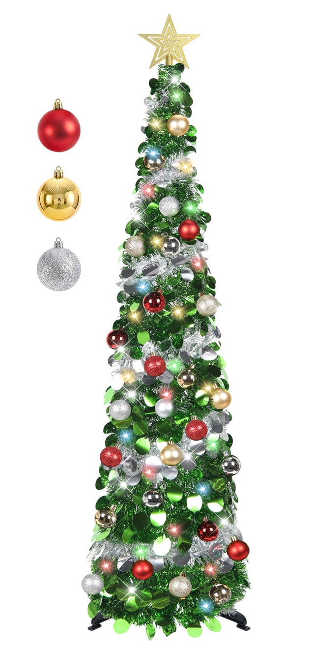 5 FT Pop Up Christmas Tree with Timer Lights and Decorations, Green Silver Tinsel Christmas Tree with 24 Ball Ornaments, Pencil Tree Collapsible Christmas Tree for Home, Apartment, Office