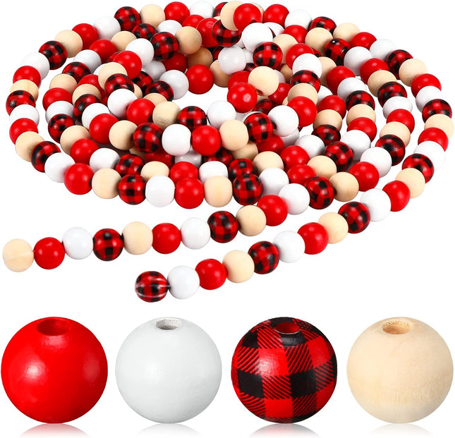 Civaner 108 Inch Christmas Wooden Bead Garland Red Buffalo Plaid Bead for Christmas Tree Hanging Farmhouse Rustic Bead with Rope Decorative Vintage Wooden Beads for Home Centerpiece Tiered Tray Decor