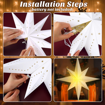 Paper Lantern Christmas 8 Pointed Hanging Star with LED Light String Lampshade Pendant Xmas Ornament for Wedding Holiday Birthday Home Decor 23.6 Inches(White)
