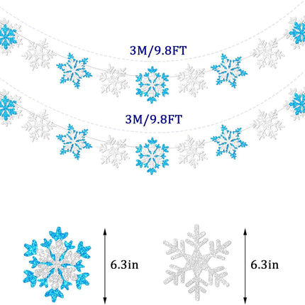 Glitter Frozen Snowflake Garland Decorations Banner Winter White and Blue Snowflakes Banner Decorations for Wonderland Frozen Party Decorations, Birthday and Christmas Deco