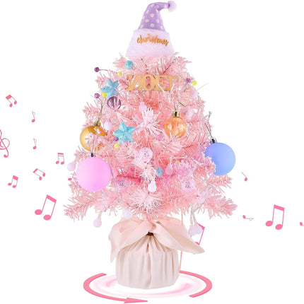 Mini Christmas Tree with Light and Music, Small Christmas Tree, with Spinning Base, Sing Jingle Bells,20 INCH Tabletop Christmas Tree, Flocking Material with Christmas Decor, Small Xmas Tree