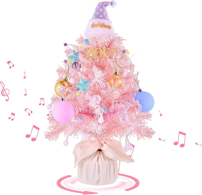 Mini Christmas Tree with Light and Music, Small Christmas Tree, with Spinning Base, Sing Jingle Bells,20 INCH Tabletop Christmas Tree, Flocking Material with Christmas Decor, Small Xmas Tree