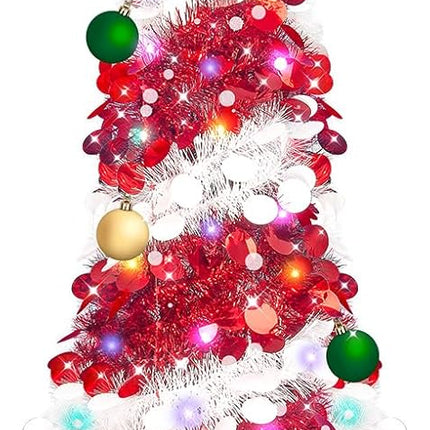 Fake Christmas Tree Christmas Decor - 5 Ft Tall Skinny Christmas Tree Collapsible with Timer 50 Lights 10 Balls, Tinsel Red Christmas Tree Christmas Decor for Home Bedroom Fireplace(Red White)