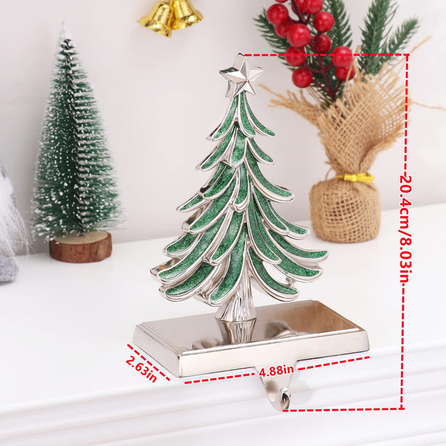 2 Pack Double Christmas Tree Stocking Holders Sliver Christmas Tree Mantle Stocking Hangers Holiday Fireplace Topper Hooks Christmas Decoration (2, Christmas Tree)