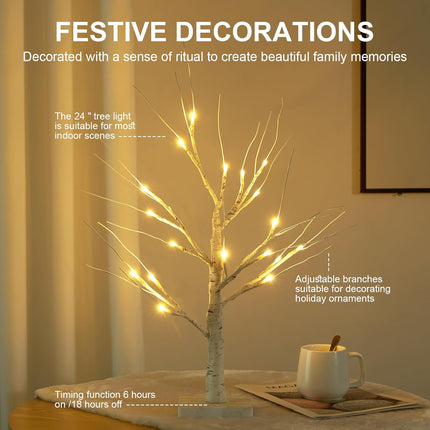 MEETYAMOR 2 Pack 24” 2FT Lighted Birch Tree with 18LT Warm White LEDs, Christmas Decorations Indoor Battery Powered Timer, Money Tree for Winter Party Wedding Table Mantel Home Easter Decor