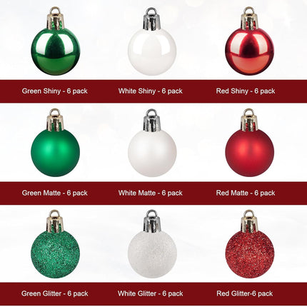 Mini Christmas Tree Ornaments,54Pcs Mini Christmas Ball Ornaments with Strings,30mm/1.18-Inch Small Shatterproof Christmas Baubles,Miniature Xmas Christmas Decorations (White, Red, Green)