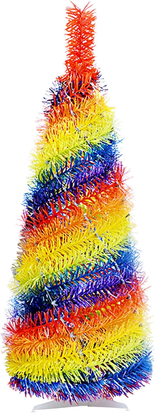 Mini 2FT Desktop Pop Up Christmas Tree - Collapsible Artificial Tinsel Pencil Christmas Tree, Skinny Xmas Tree for Indoor Home Apartment Porch Holiday Party Decorations(Rainbow)