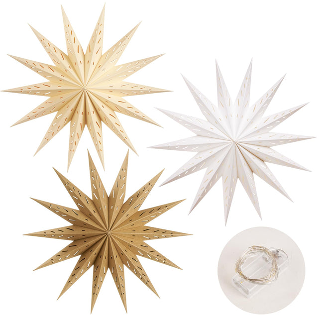 PAPER JAZZ 3 Pcs Christmas 3D Paper Star Lantern 9 Pointed Brown Hanging 12 Inch Beige Star Paper Lantern with String Light White Hollow Star Paper Lamp for Xmas Wedding Birthday Party Decorations