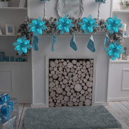 24 Pcs Christmas Teal Blue Glittered Mesh Holly Leaf Artificial Poinsettia Flowers Picks Tree Ornaments 5.9" W for Teal Blue Christmas Tree Wreath Garland Floral Winter Wedding Holiday Decoration