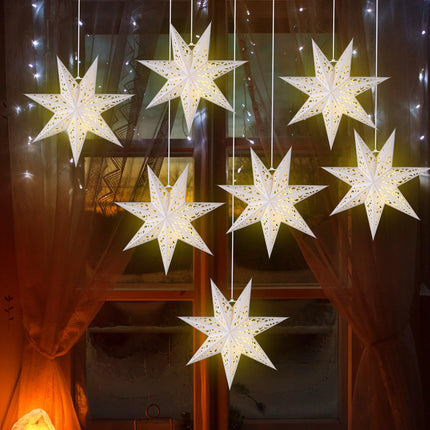 Retisee 12 Pcs 14in Christmas Paper Star Lantern Star 7 Pointed Light Snowflake Ceiling Lantern Moroccan Paper Star with 12 LED Light for Xmas, Wedding, Holiday Birthday Party Celebration(White)