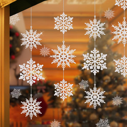 36Pcs White Glitter Snowflake Decorations Christmas Ornaments, Hanging Plastic Snow Flakes Ornaments with Silver Rope for Christmas Tree Decorations, Winter Wonderland Party Supplies