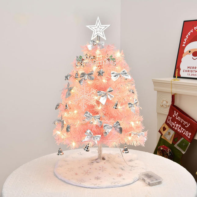 Mini Christmas Tree with Lights, 24inch/2ft Tabletop Artificial Pink Christmas Tree with Tree Skirt Led String Light for Home Office Party Christmas Decoration with Star Pearl Christmas Bells