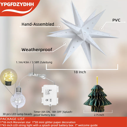 18" 3D Moravian Star Tree Topper - LED 3D Christmas Tree Topper Lamp with Timer Function, Moravian Lighted Star Used to Decorate Christmas Trees, Courtyards, Porch-Star Cutout(White)