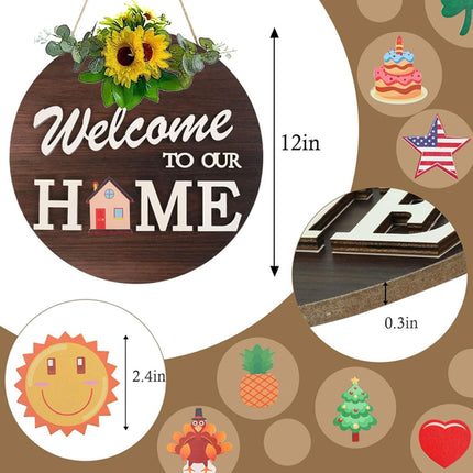 Interchangeable Welcome Front Door Sign Round Wood 4 Seasonal Wreaths 21 Changeable Icons Decoration Hanging Outdoor Farmhouse Porch for Easter Thanksgiving Halloween Christmas Independence Day