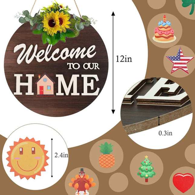 Interchangeable Welcome Front Door Sign Round Wood 4 Seasonal Wreaths 21 Changeable Icons Decoration Hanging Outdoor Farmhouse Porch for Easter Thanksgiving Halloween Christmas Independence Day