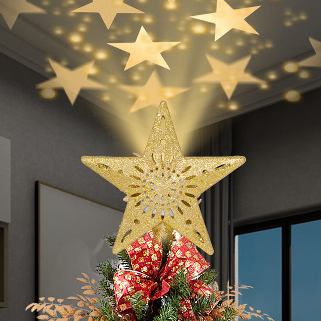 Christmas Tree Topper, Christmas Decoration Tree Top Star 3D Projection Lamp with Rotating Star Projector Lights,for Christmas Decorations Xmas Year Holiday Party (Five-Pointed Star)