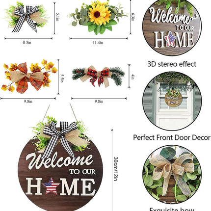 Interchangeable Welcome Front Door Sign Round Wood 4 Seasonal Wreaths 21 Changeable Icons Decoration Hanging Outdoor Farmhouse Porch for Easter Thanksgiving Halloween Christmas Independence Day