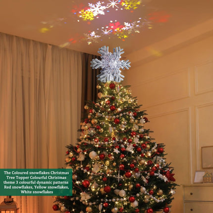 Christmas Tree Topper Lighted with Silver Snowflake Projector, Led Rotating Magic Snowflake, 3D Hollow Glitter Lighted Silver Snow Tree Topper for Christmas Tree Decorations