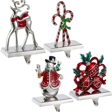 Set of 4 Christmas Stocking Holders for Mantel,Deer Snowman Stocking Hangers for Fireplace Candy Cane Holder Hanger for Stocking/Garland,Metal Stocking Hooks for Xmas Decoration (Christmas Set)