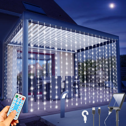 d Solar Curtain Lights 600 LED Outdoor Waterfall String Lights Waterproof 8 Modes Remote Type C Charging Hanging Twinkle Fairy Lights Dimmable for Christmas Gazebo Party Wedding Window