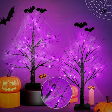 Halloween Decorations Indoor Spider Lights Tree,2Ft Black Spooky Tree with Spider,Spider Web,Bat and Pumpkin Bell Halloween Tree Decorations,Battery and USB Desktop Halloween Black Tree for Home Decor