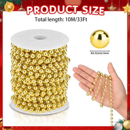 33 Feet Christmas Tree Beads Garland Artificial Pearls Beads Garland Plastic Pearl Strands Chain Beaded Garlands for Holiday Décor and Christmas Party Wedding DIY Decoration Supplies (Gold)