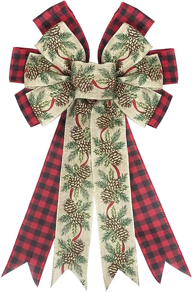 Large Christmas Bows for Wreaths, Red and Black Plaid Buffalo Bow Green Holiday Wreath Bows Thanksgiving Wreath Bows DIY Crafts Bow Large Burlap Bow for Christmas Wedding Party Decorations