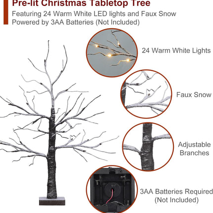 Snow Dusted Tabletop Christmas Tree, 24” Battery Operated Artificial Snowy Tree Lights with 24 Warm White LED Timer Function for Indoor Christmas Winter Party Decor