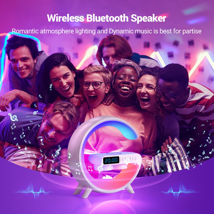 Wireless Charging Atmosphere Table Lamp with Bluetooth Speaker Alarm Clock Night Light 15W Wireless Charger Speaker for Bedside Lamp Desk Clock Sound Machine Ambient Lighting for Christmas