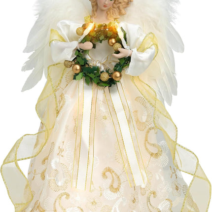Angel Christmas Tree Topper, 14" Gold Angel Treetopper, 10Led Angel Tree Topper with Wings, Indoor Christmas Decors, Home Ornaments (Gold-Garland)