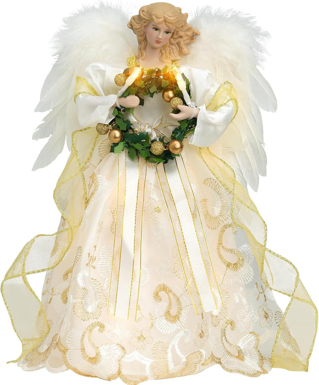 Angel Christmas Tree Topper, 14" Gold Angel Treetopper, 10Led Angel Tree Topper with Wings, Indoor Christmas Decors, Home Ornaments (Gold-Garland)