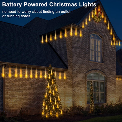 Christmas Meteor Shower Lights Battery Powered, Waterproof 192 LED Icicle Snow Falling Lights with Remote Timer Raindrop Lights for Tree Yard Patio Christmas Party Outdoor Decor(Warm White)