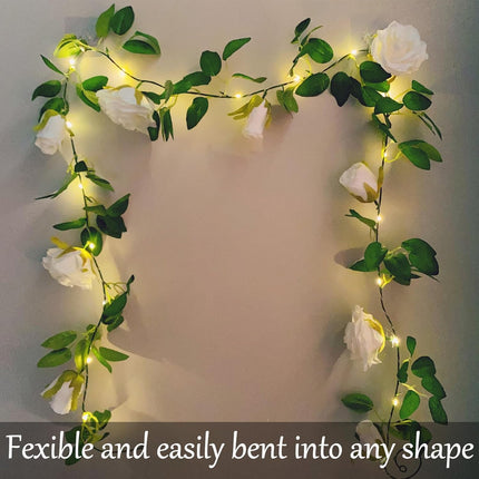 Fielegen Artificial Flower Garland with 20 LED String Lights, 6.56FT Hanging Rose Flower Vine Garland Decoration Lights for Garden Wedding Flower Table Decor Birthday Party Christmas DIY Wreath Decor