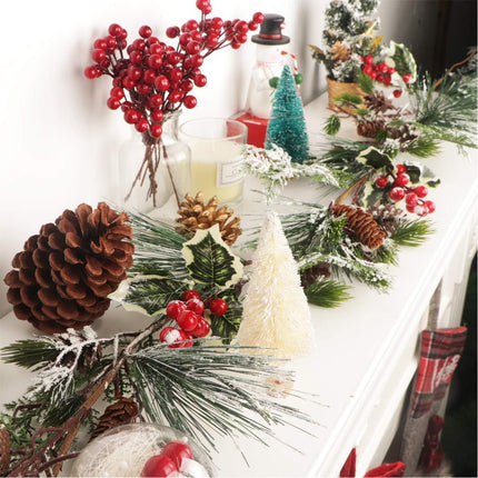 5.9FT Christmas Pine Needle Garland Pinecones Christmas Garland Artificial Christmas Garland with Holly Leaves Pine Needles Red Berry Holiday Garland for Winter Home Mantle Fireplace Stairs Decor