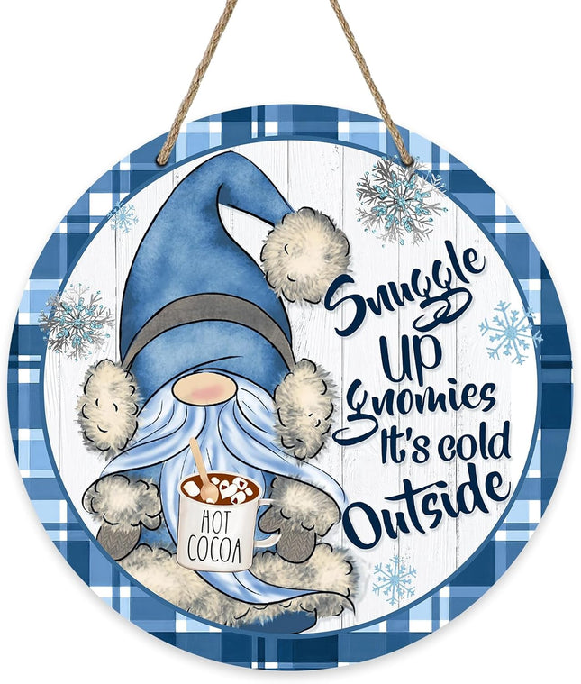 Deroro Winter Snuggle Up Gnomies It's Cold Outside Front Door Sign, Blue Gnome Plaid Farmhouse Wood Door Hanger Outdoor Porch Decor, Snowflake Christmas Wooden Wreath Indoor Wall Hanging Decoration