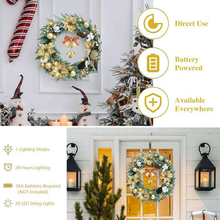 Veryhome Christmas Wreath Lights Winter Wreath, Christmas Wreaths for Front Door, Xmas Wreath with Pinecones and Gold Accents with LED Lights - Perfect for Fireplace Indoor Outdoor Holiday Decor