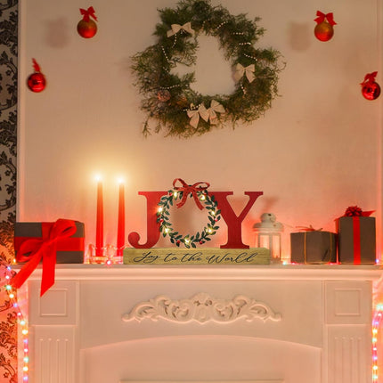 Christmas Decorations for Home LED Lighted Joy Sign with Wreath Farmhouse Wooden Rustic Tabletop Decorative Sign Xmas Holiday Home Decor Indoor Room