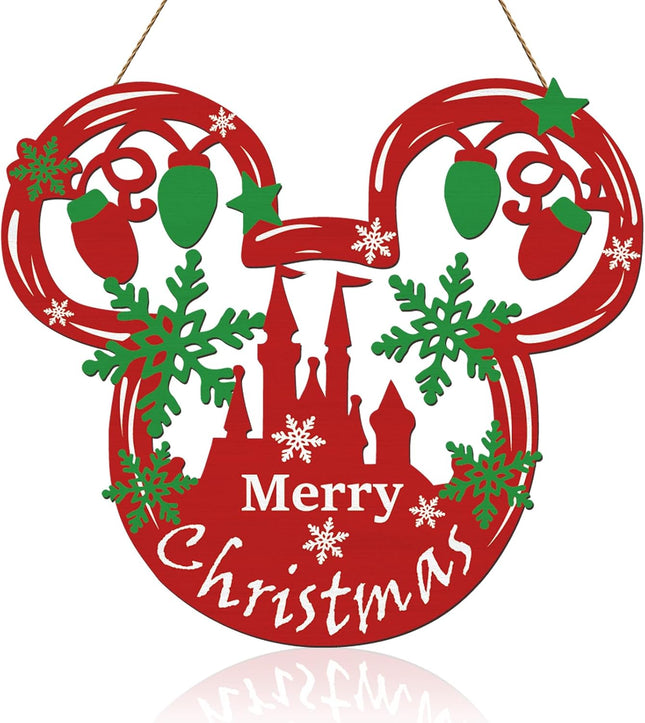 Christmas Door Decorations Mouse Shaped Wooden Christmas Wreaths Merry Christmas Welcome Sign for Front Door Red Christmas Ornaments Home Décor for Walls,Windows,Party Supplies