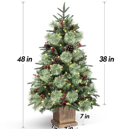 Jin&Bao 4FT Potted Christmas Tree with 100 Lights, Artificial Christmas Tree Outdoor Decor 8 Mode Timer Waterproof with Long Pine Cones & Red Berries for Front Door, Porch, 2 Pack